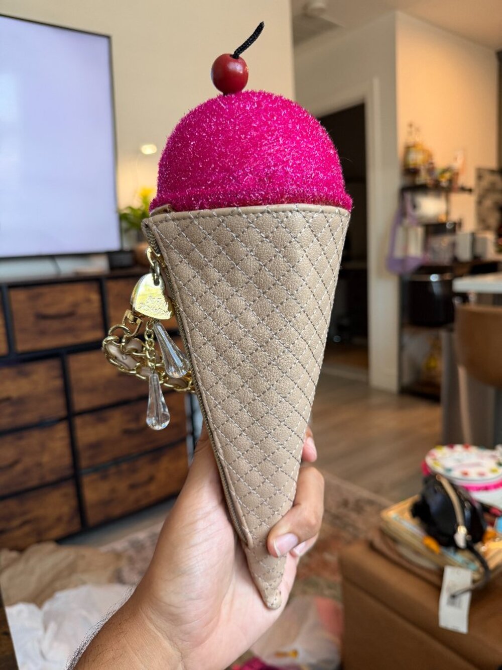 Betsey Johnson Pink Glitter Ice Cream Cone Cherry Top Chain Wristlet